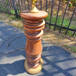 Vintage Wood Pole Carving Lamp With Brass Accent
