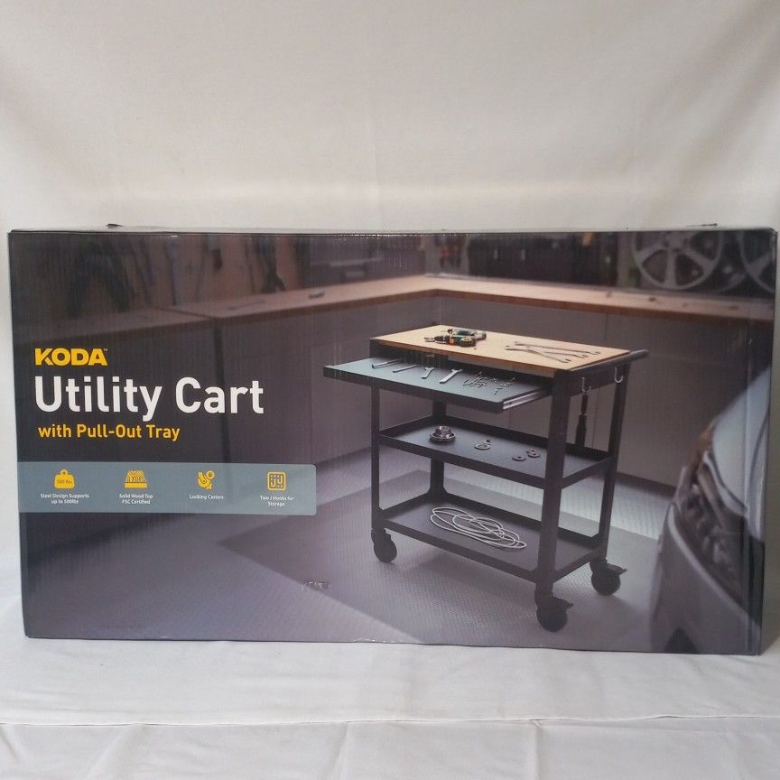 Koda 3 Shelf Utility Cart with Solid Wood Top and Pull-Out Tray