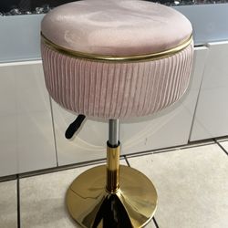 Adjustable Vanity Stool with Storage, 360° Swivel Makeup Stool Chair Small Velvet Round Ottoman with Gold Base for Bedroom, Pink