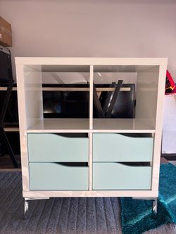 White Cube Shelf Unit with Mint Drawers