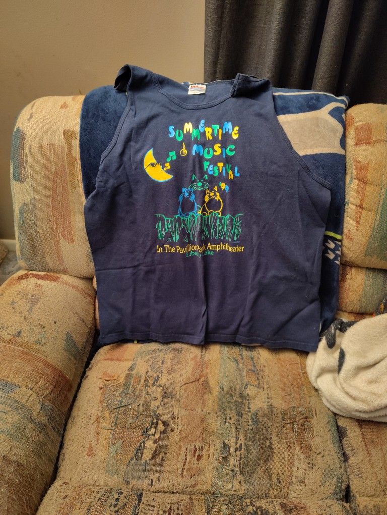 Hanes Sleeveless Tee Dark Blue With Multi Color Print Adult XL (46/48)