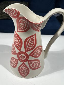 Large Farval Ceramic Pitcher Jug Hand Painted Red Flowers Portugal 11.5in Tall