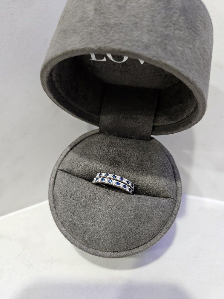 Vera Wang Love Collection 1/8 CT. T.W. Diamond and Blue Sapphire Band 14KWG x2