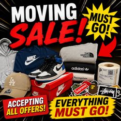 MOVING SALE CLOTHING SHOES STICKERS SHIPPING SUPPLIES MUST GO