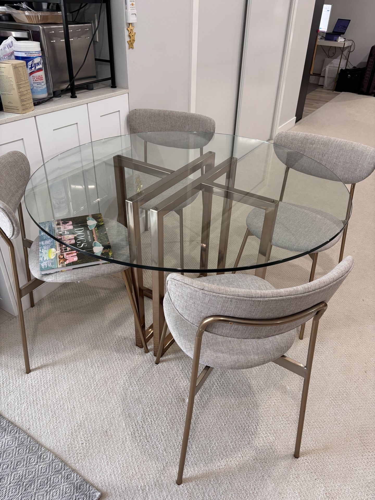 CB2 Glass Dining Table & West Elm Dining Chairs