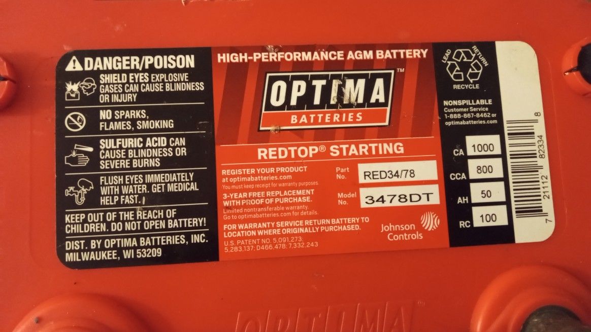 OPTIMA BATTERIES REDTOP STARTING PART NO. RED34/78 MODEL NO. 3478DT