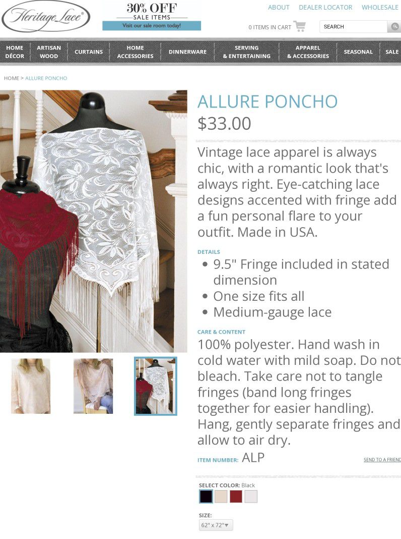 Heritage Lace Allure Poncho Black 62" X 72"
