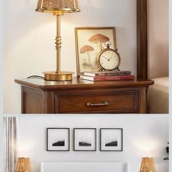 Bedside Table Lamp for Bedroom: Rattan Desk Lamp with Dimming Knob & AC Outlet, 18'' Vintage Nightstand Lamp with 70.8'' Power Cord for Living Room Do