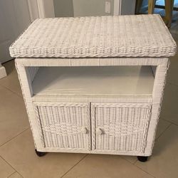 White Wicker Rolling Swivel Cabinet