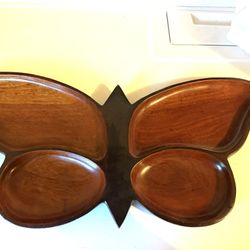 Vtg Carib Craft Solid Mahogany Handmade In Haiti Butterfly Wood Tray 4  Sections 