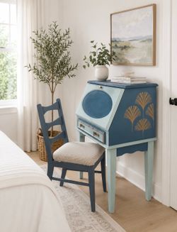 Vintage Secretary Desk & Chair – Hand-Painted Blue with Gold Art Deco Details