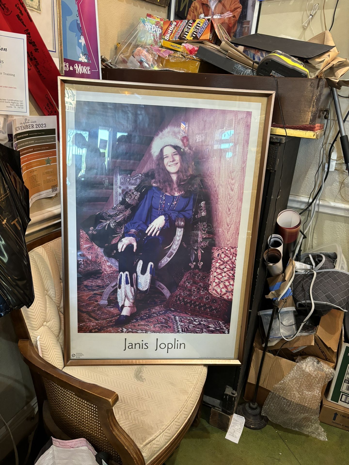 25x37 framed picture of THE GREAT JANIS JOPLIN!  What a lady!  85.00.  Johanna at Antiques and More. Located at 316b Main Street Buda. Antiques vintag