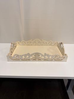 Cream Wood Scrollwork Tray with Wrapped Handles