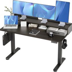 48x24 Inches Adjustable Height Electric Standing Desk with Double Drawers and Storage Shelf Stand Up Desk Computer Desk for Home Office

