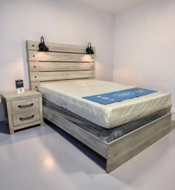 Rustic Gray Wood Bed Frame with Headboard Lights