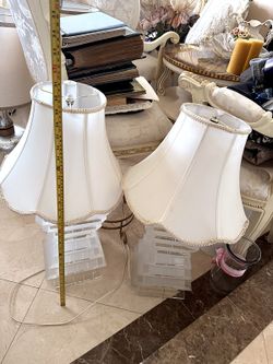 Vintage Pair of Frosted Lucite Stacked Table Lamps 32 in Scalloped Shades