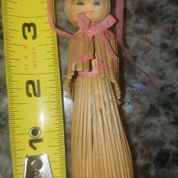 Vintage Korean Straw Doll 4." Handmade Folk Art Lady Pink Ribbon Hat MCM