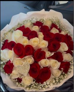 Red and White Rose Bouquet with Baby's Breath