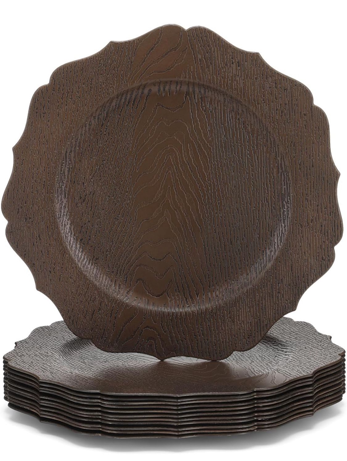 Mifoci 12 Pcs 13" Rustic Brown Wooden Textured Acrylic Chargers Plates with Scalloped Rim Round Faux Wood Chargers for Dinner Plates for Fall Thanksgi
