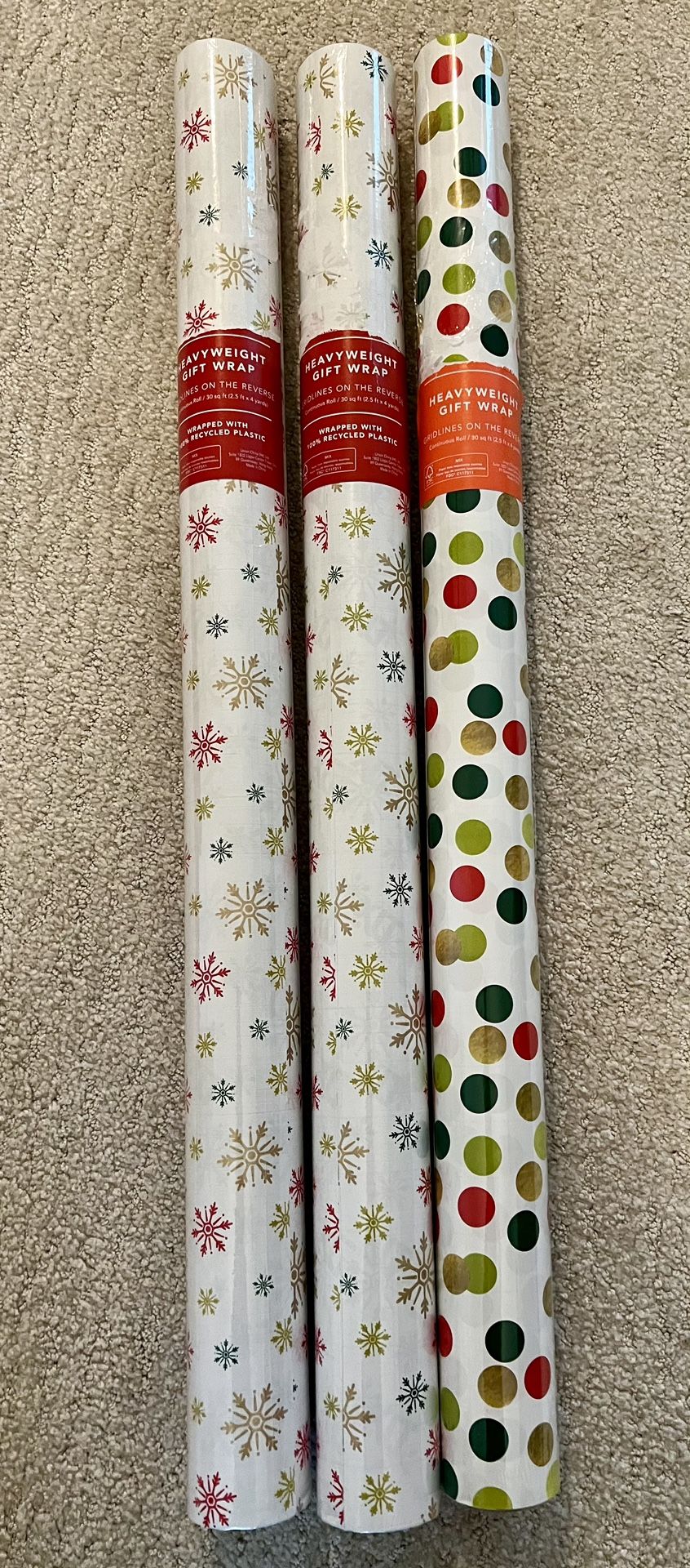 NEW - 3 Rolls Holiday Wrapping Paper