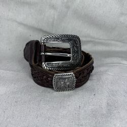 Vintage Concho Western Women’s Brown Braided Leather Silver Tone Buckle Belt Sz M/L