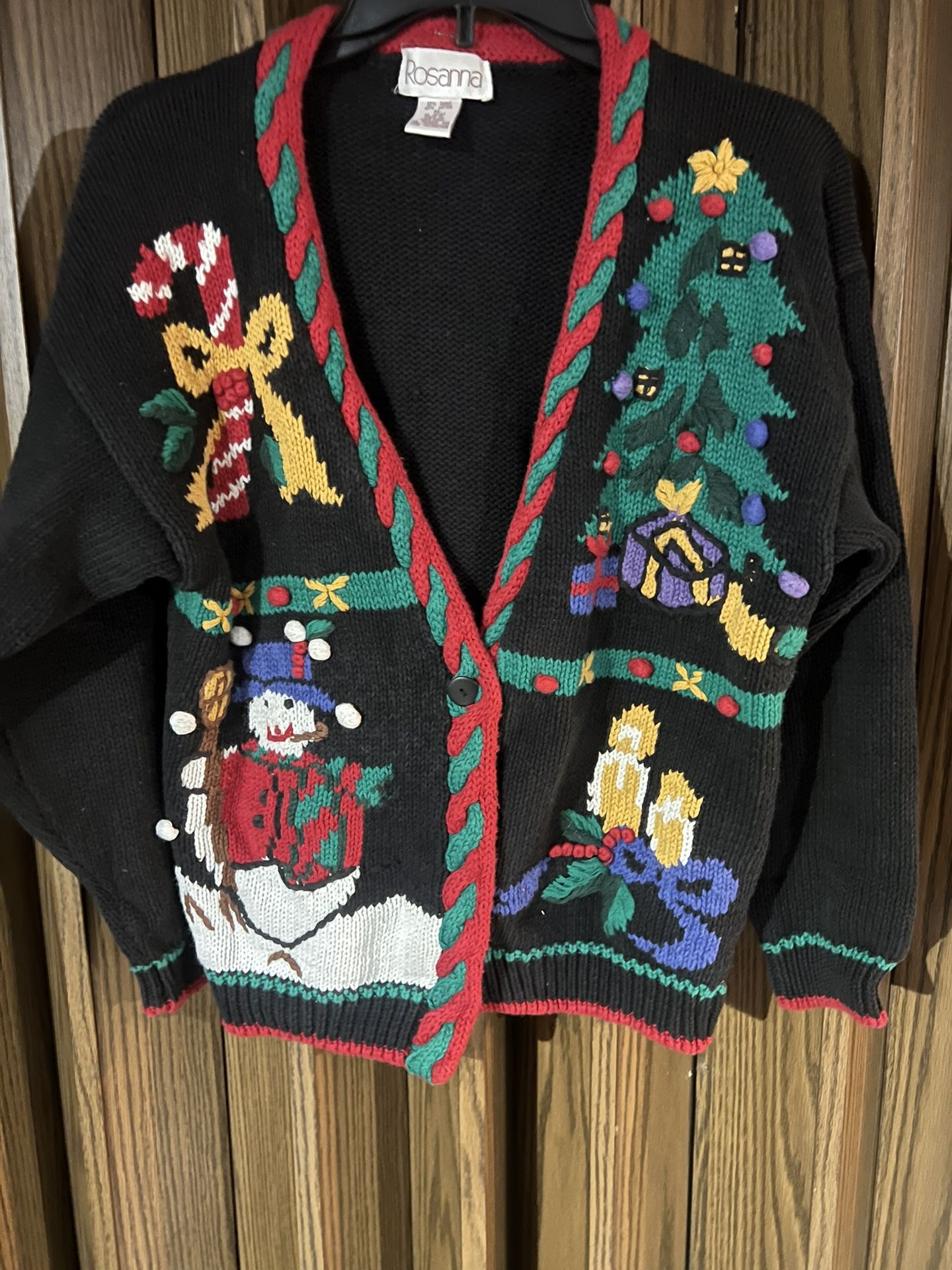 Vintage 1980s Black Knit Fun Holiday Cardigan Ugly Christmas Sweater Women's Size Medium 