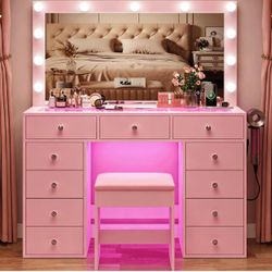 Pink Vanity Desk with Hollywood Mirror and Stool