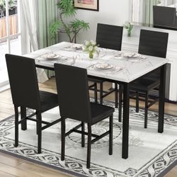 5 Piece Dining Table Set, Faux Marble Kitchen Table and Chairs for 4, Dining Room Table Set with 4 PU Leather Chairs
