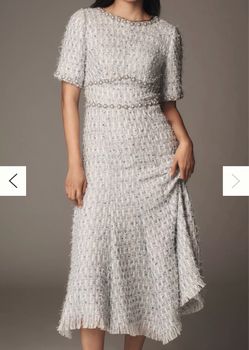 Anthropology Mac Duggal Short-Sleeve Beaded Trim Bouclé Midi Dress Blue 4