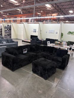 BRAND NEW BLACK THICK FLUFFY CORDUROY SECTIONAL SOFA COUCH WITH OTTOMAN