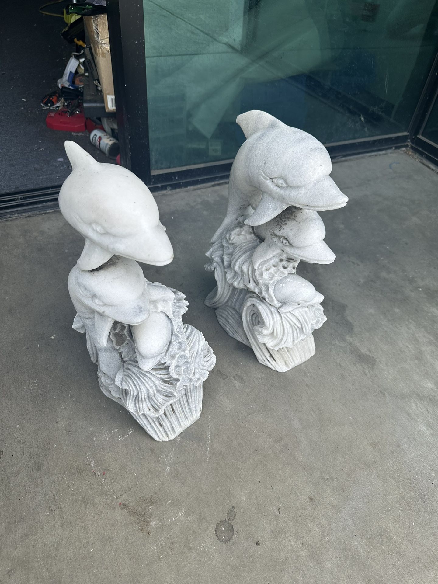Two Carved Real Marble Stone Dolphins