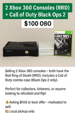 2 white xbox 360 consoles and blk ops 2