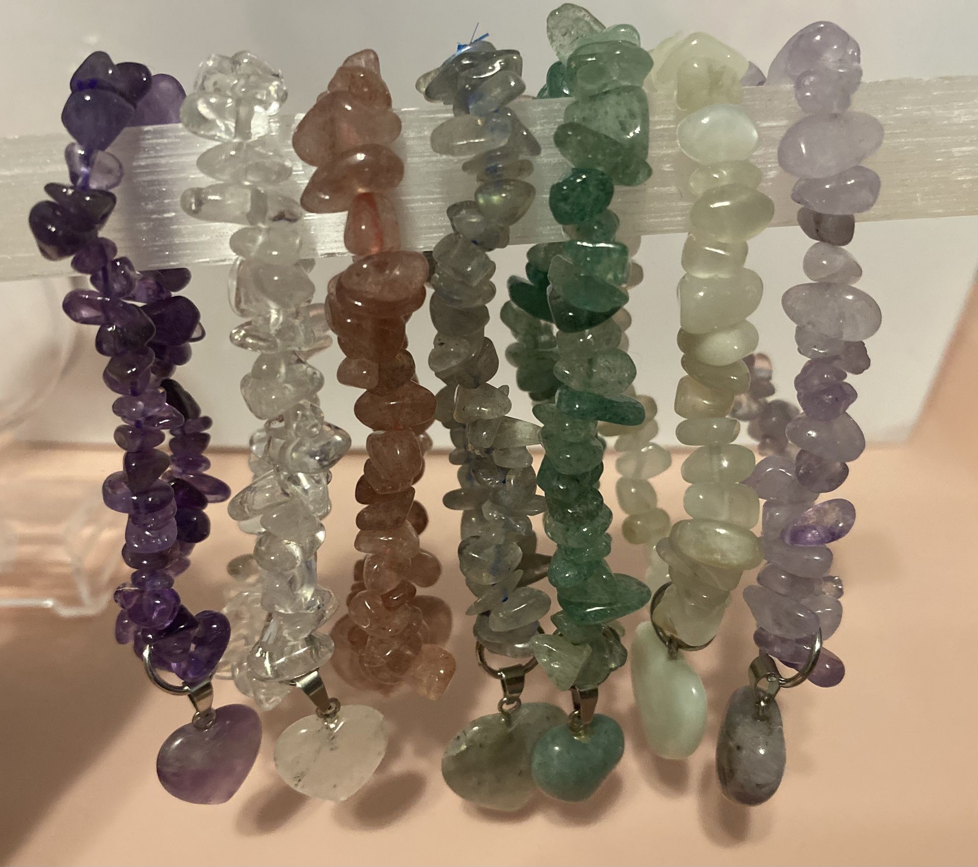 Message Me OBO Amethyst, Clear Quartz, Strawberry Quartz( Pink And Geeen) Labradorite, Green Moonstone And Purple Jade Chips Bracelet With Heart.
