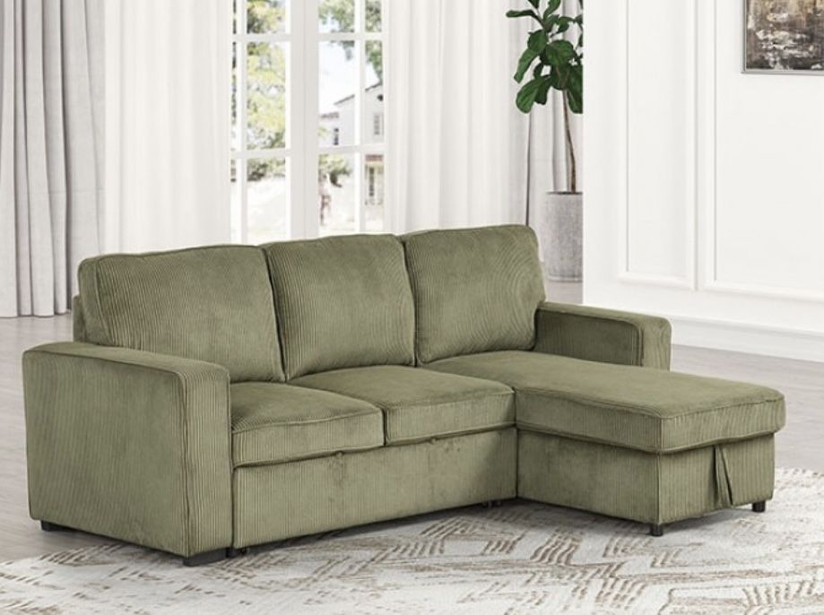 Contemporary Green Corduroy Pull-Out Sleeper Sectional 
