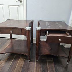 Pair Of Real Wood End Tables With Drawers 