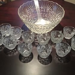 14 Piece Vintage Glass or Crystal Punch Bowl with 12 Cups and 1 Ladle