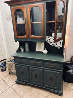 Green Painted Wood China Hutch Cabinet