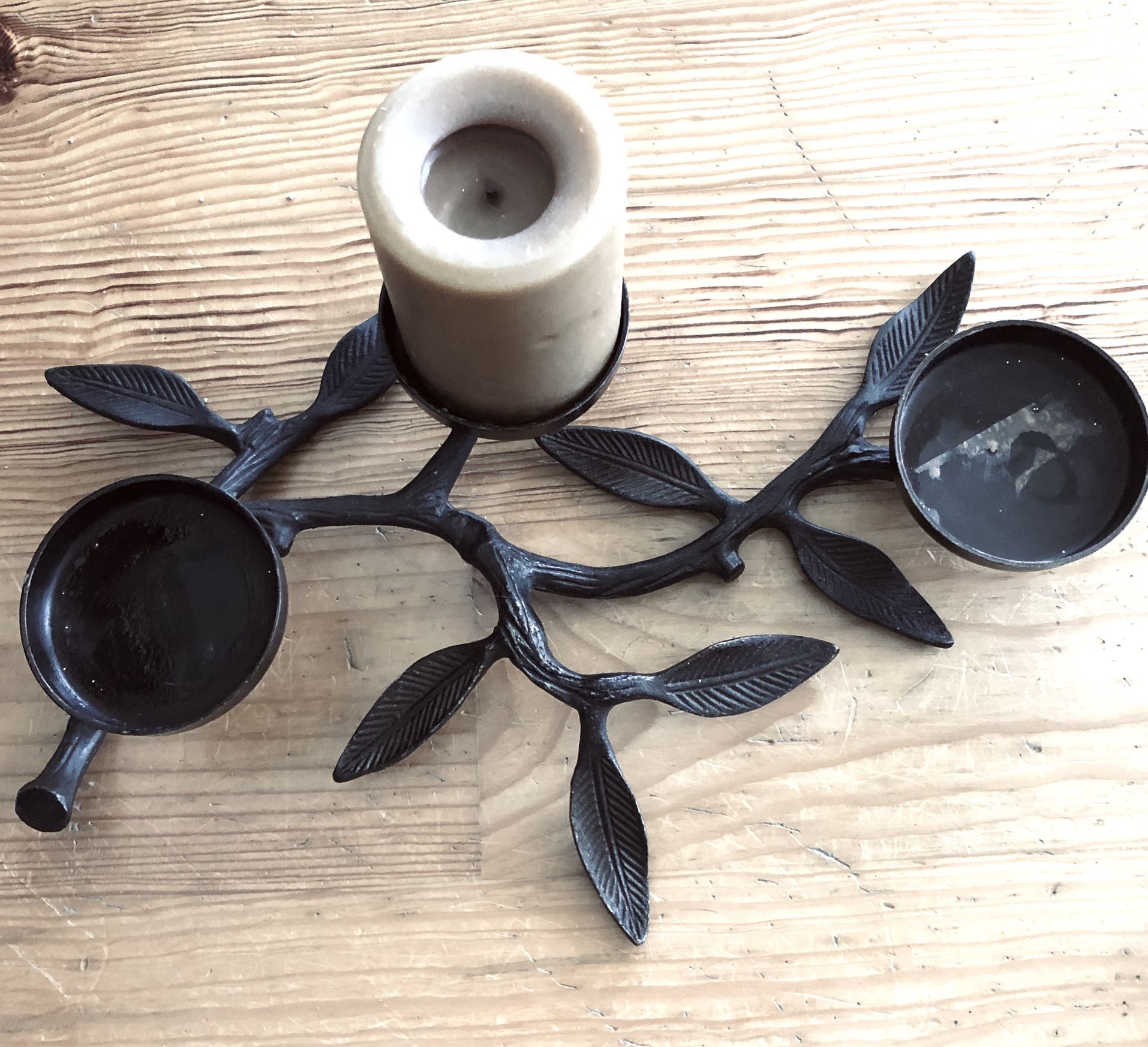 Black Wrought Iron 3 Candle Leaves In A Tree Stick