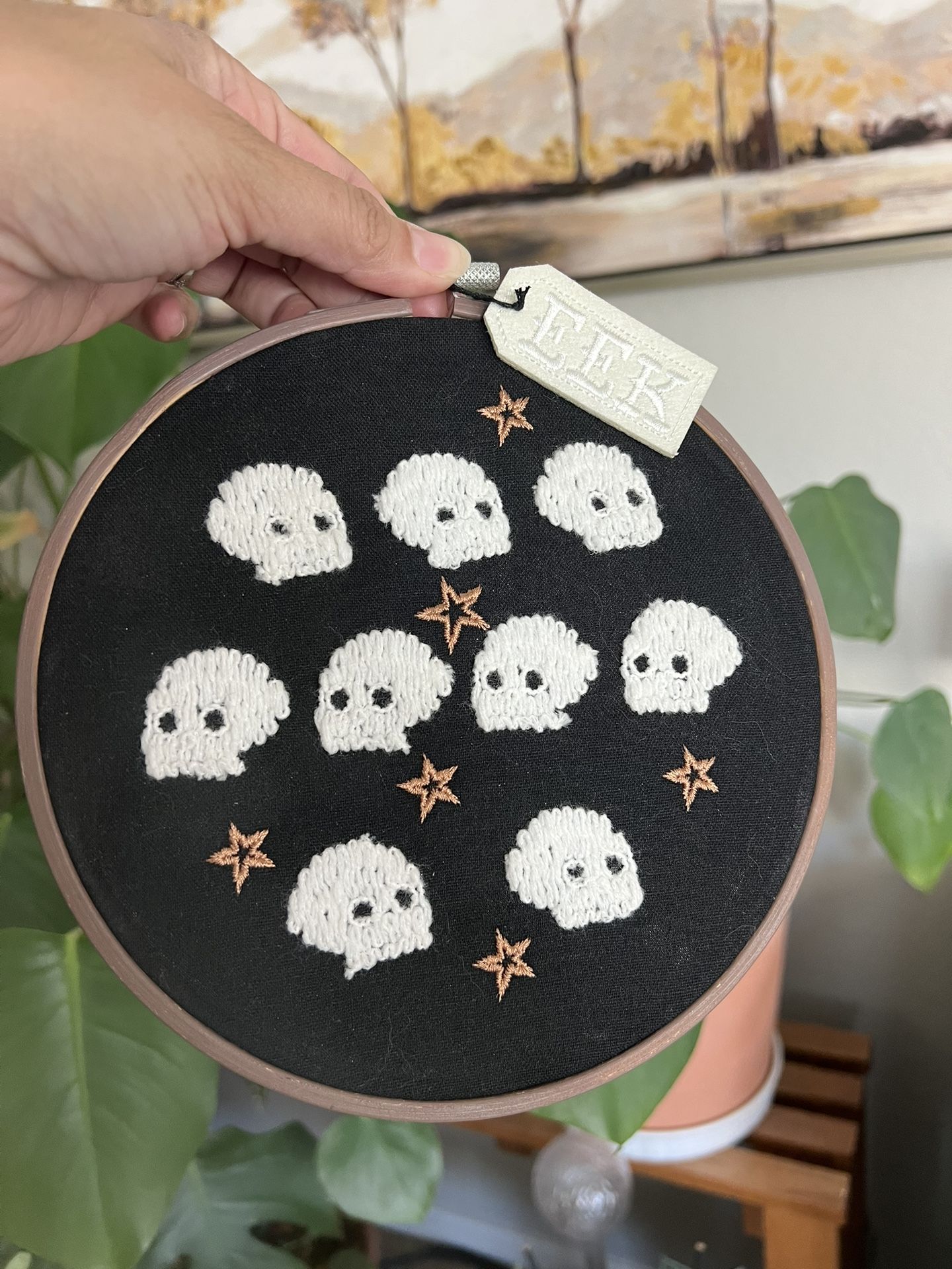 Halloween Cross Stitched Embroidered Skull Ghost Head Wall Art 8in
