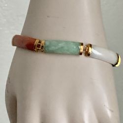 585 14k Solid Yellow Gold Hand Carved Multi Color Jade Green /Red /Yellow /White /Black Gemstone  Bracelet - Size 7”
