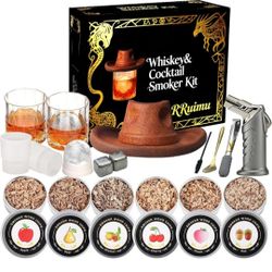 Whiskey Smoker Kit with Torch - 6 Flavors Wood Chips, 2 Ice Molds，2 Metal ice Cubes - Bourbon Cocktail Smoker Kit, Old Fashioned Drink Smoker Kit, Bir