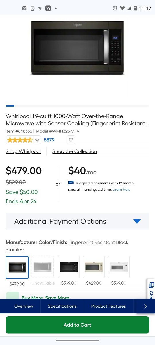 Whirlpool 1.9-cu ft 1000-Watt Over-the-Range Microwave with Sensor Cooking