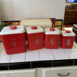 Vintage 1950s Cope Plastic Atomic Red Canister Set – 4pc MCM USA