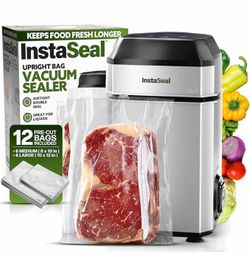 InstaSeal Vacuum Sealer for Food with 12 Bags, Preserves Foods 5x Longer, Space Saving Compact Upright Design Allows Machine to Seal Marinades, Soups,