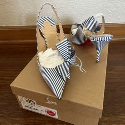 Christian Louboutin Clare Nodo Patent Stripes Bow Nautical Slingback Heels