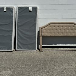 Biege King Size Upholstered Tufted Headboard With Box Springs And Metal Frame