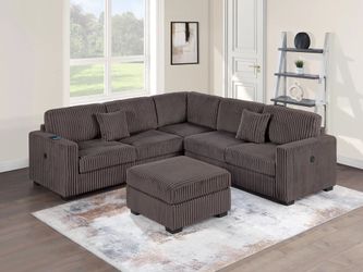 4-Piece Sectional Set W/ Ottoman RAF/LAF One-Arm Loveseat W/USB + Corner Wedge + Cocktail Ottoman  Color: Chocolate   🔥   Seccional De 4 Piezas  
