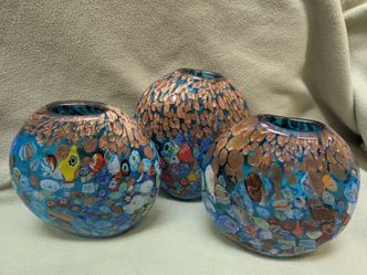 Hand Blown Art Glass Vase / Candle Holder – Millefiori Style – Unique Designer Decor