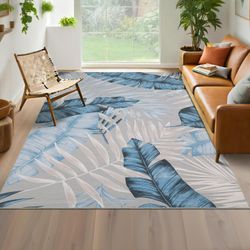 9x12 XL Nonslip Washable Low Pile Soft Area Rug, Blue Tropical Leaves, NEW