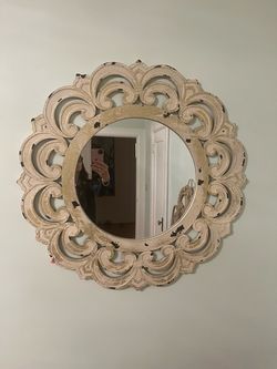 Round Wall Mirror with Ornate Scrollwork Frame